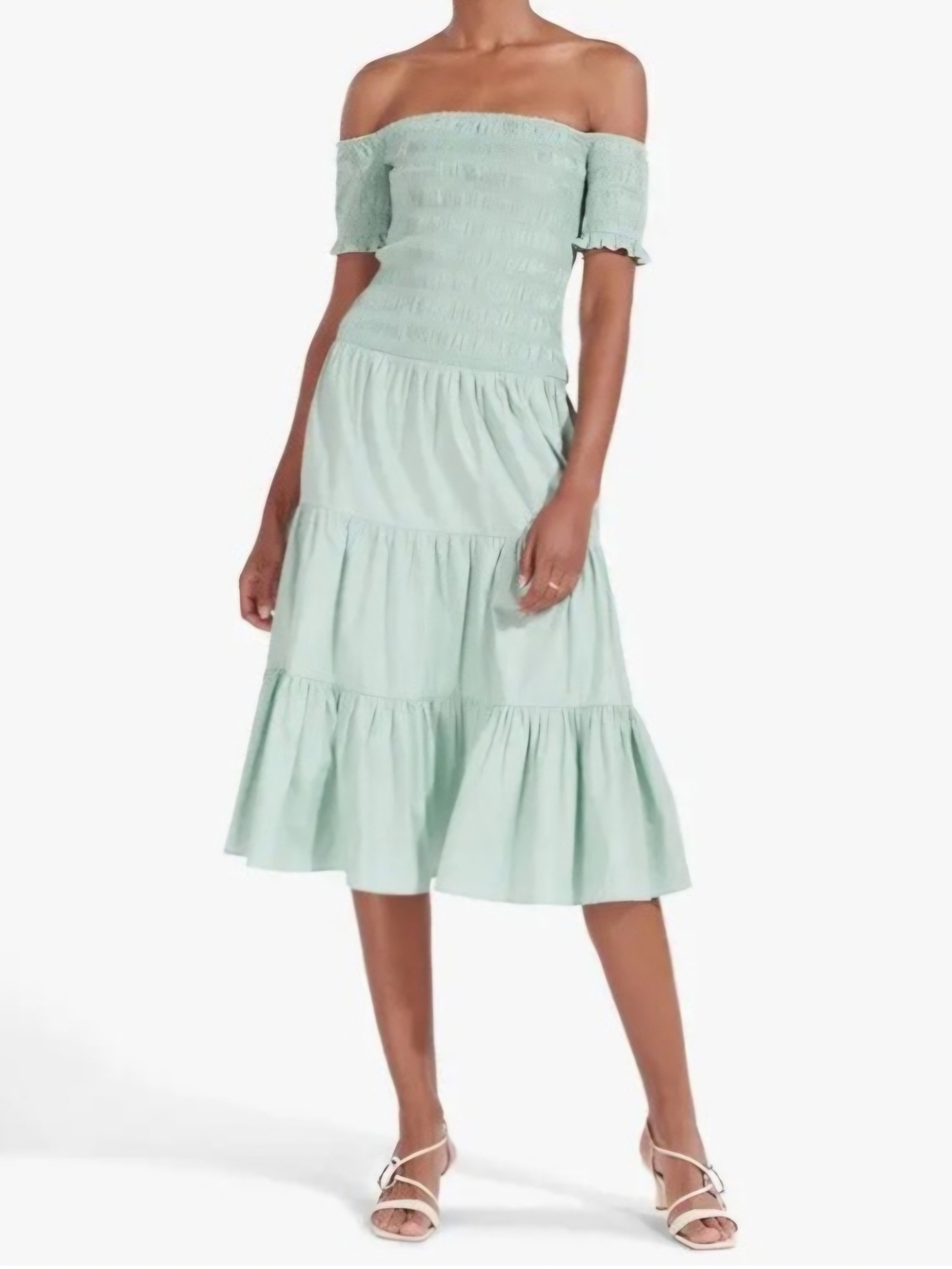 STAUD Mint Off-the-Shoulder Smocked Tiered Midi Dress